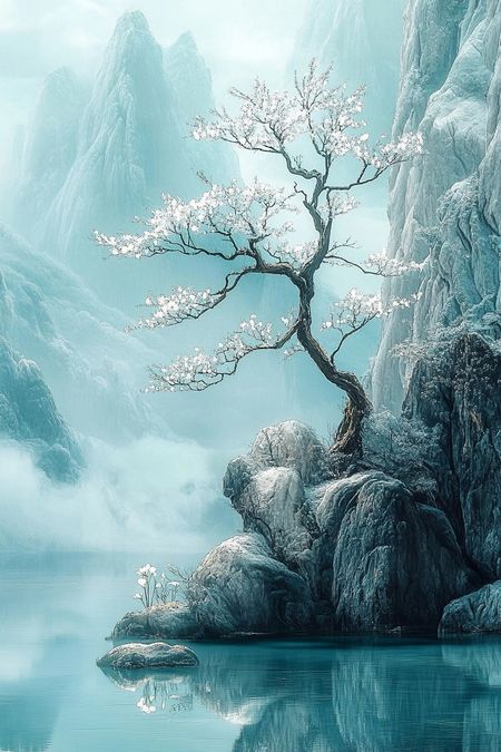 Obraz na płótnie canvas - Kwitnąca wiśnia nad jeziorem