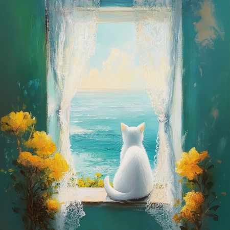 Obraz na płótnie canvas - Biały kot i morze