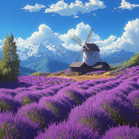 Obraz na płótnie canvas - Wiatrak wśród lawendowych pól