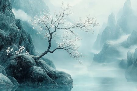 Obraz na płótnie canvas - Samotna wiśnia na skale