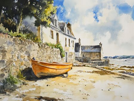 Obraz na płótnie canvas - Nadmorska wioska z łodzią