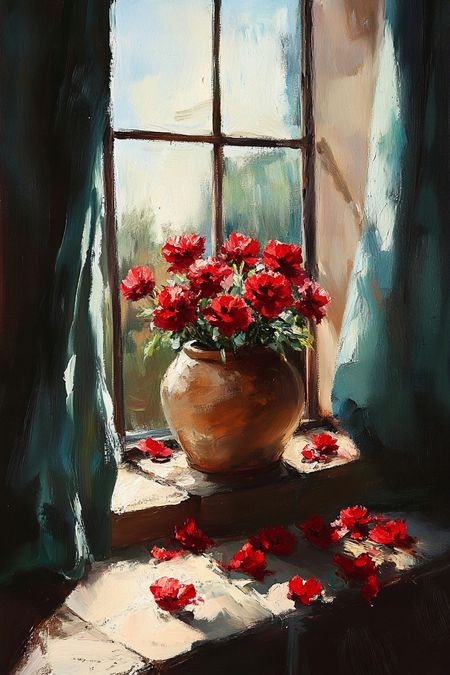 Obraz na płótnie canvas - Czerwone kwiaty w oknie