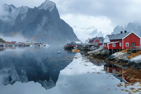 Obraz na płótnie canvas - Lofoty w porannej mgle